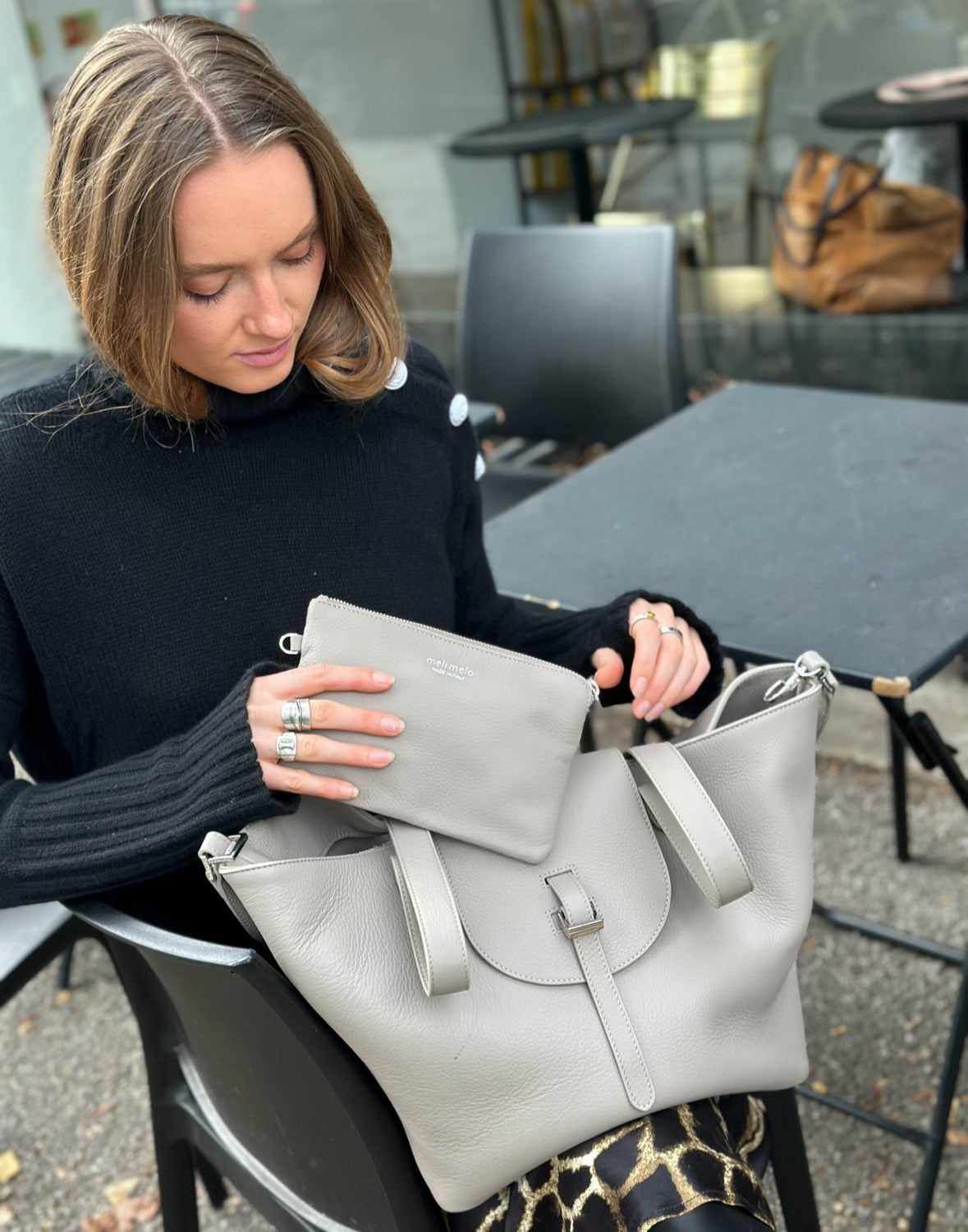 Thela Taupe Grey Leather Tote Bag for Women