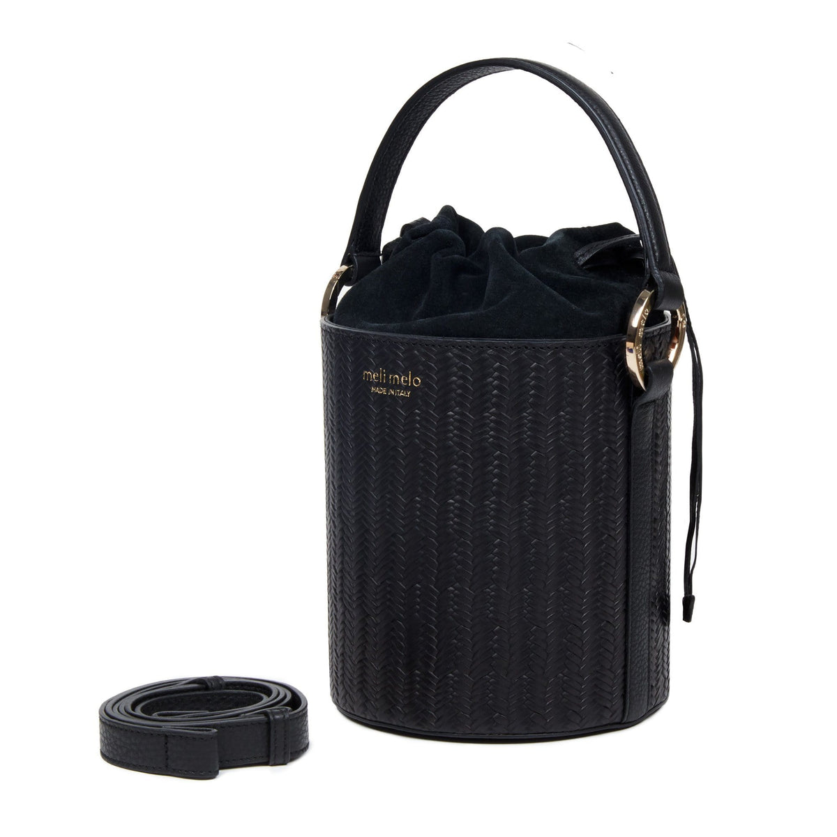 Meli Melo Black Woven Leather Santina Mini Bucket Bag