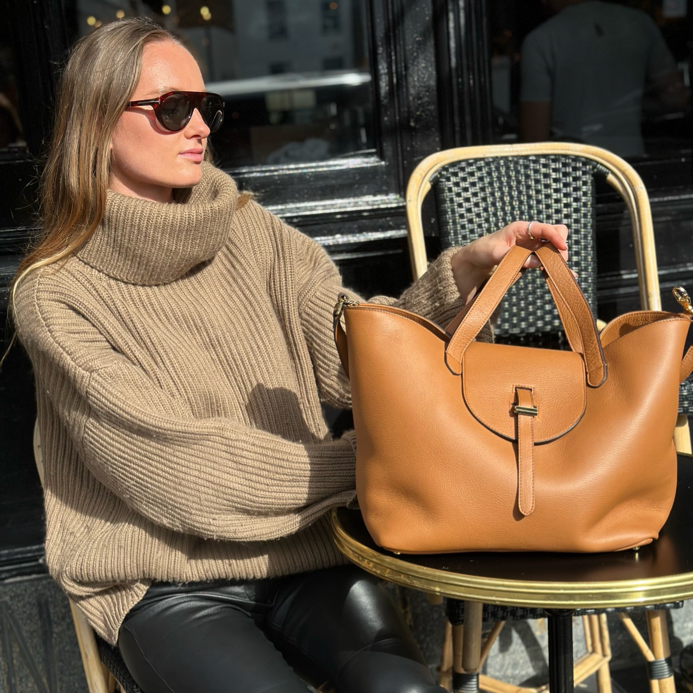 Thela Tan Brown Leather Tote Bag for Women | meli melo