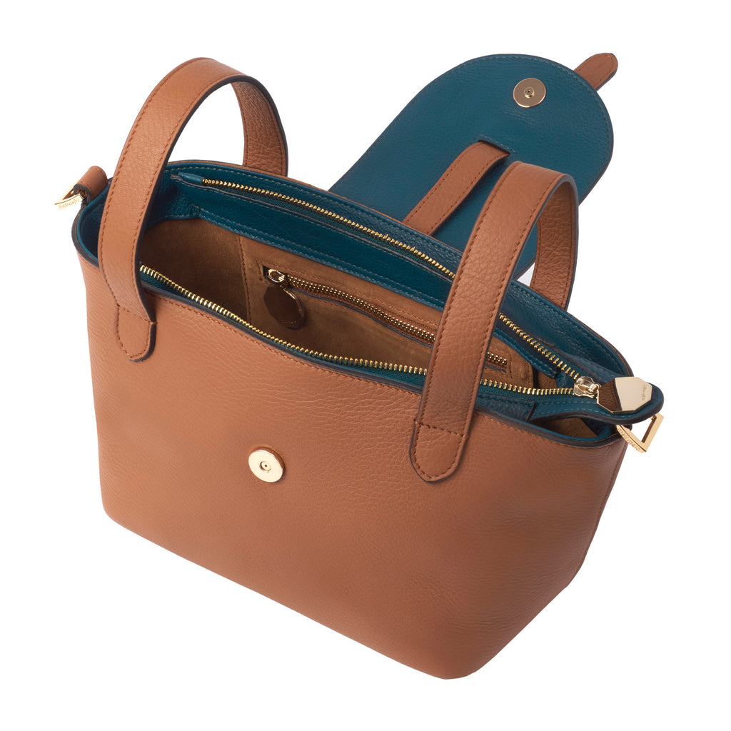 Thela Mini Shopper Tan Brown Leather Cross Body Bag For Women